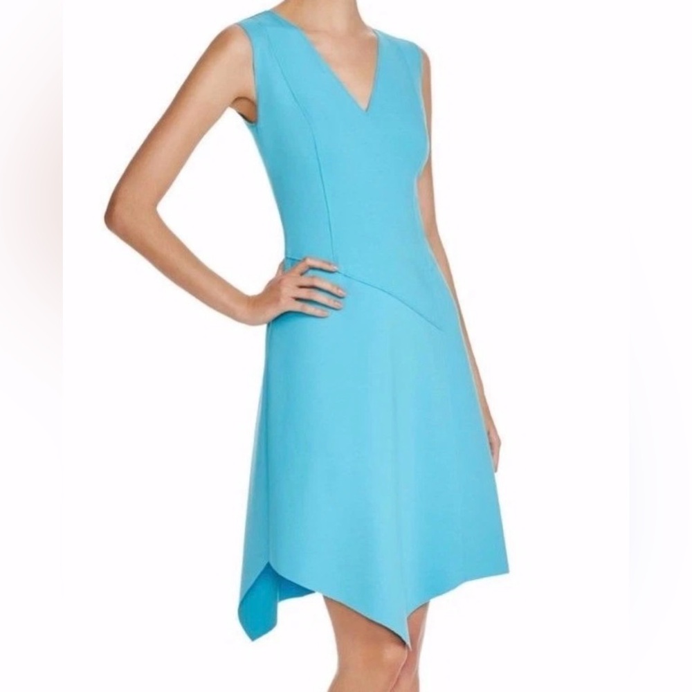 ELIE TAHARI Lexcy Ponte Dress 14 V-Neck Asymmetric Career Raw Hem Minimalist